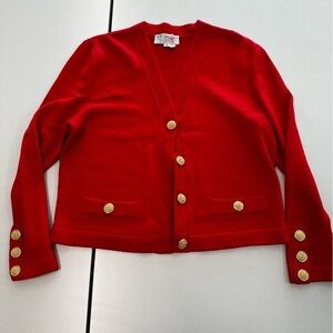 ST. JOHN Red VNeck Sweater, with Gold Button Front. Size 12. Flaws
